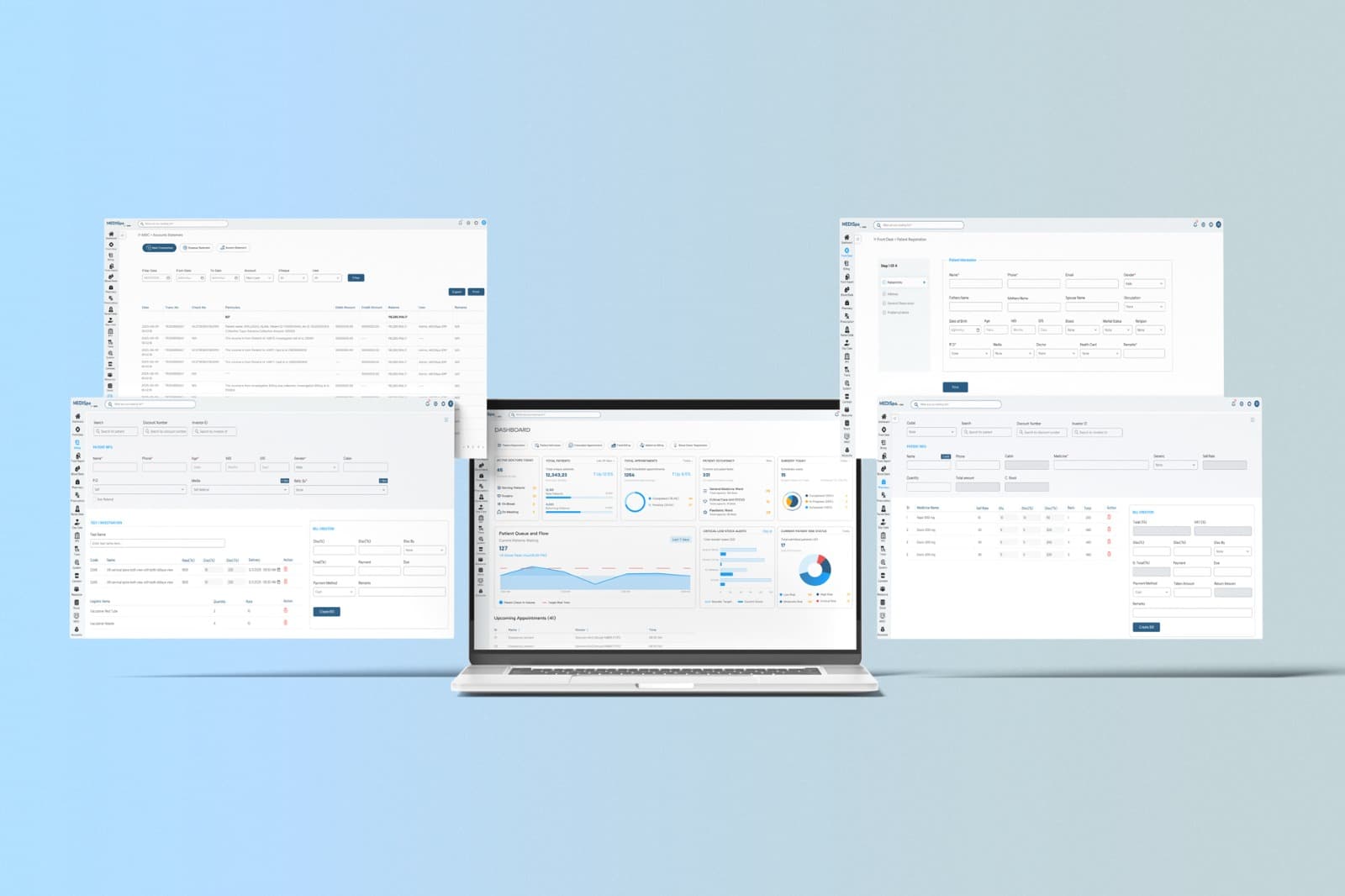 MediSpa hospital management software on a laptop, with billing, registration and pharmacy screens